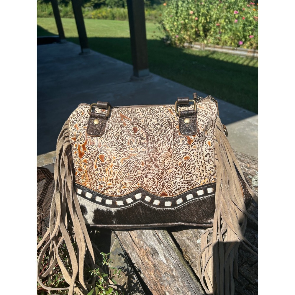Myra Bag Katherina Cowhide Paisley Leather Fringe Western Crossbody Satchel - Picture 6 of 10
